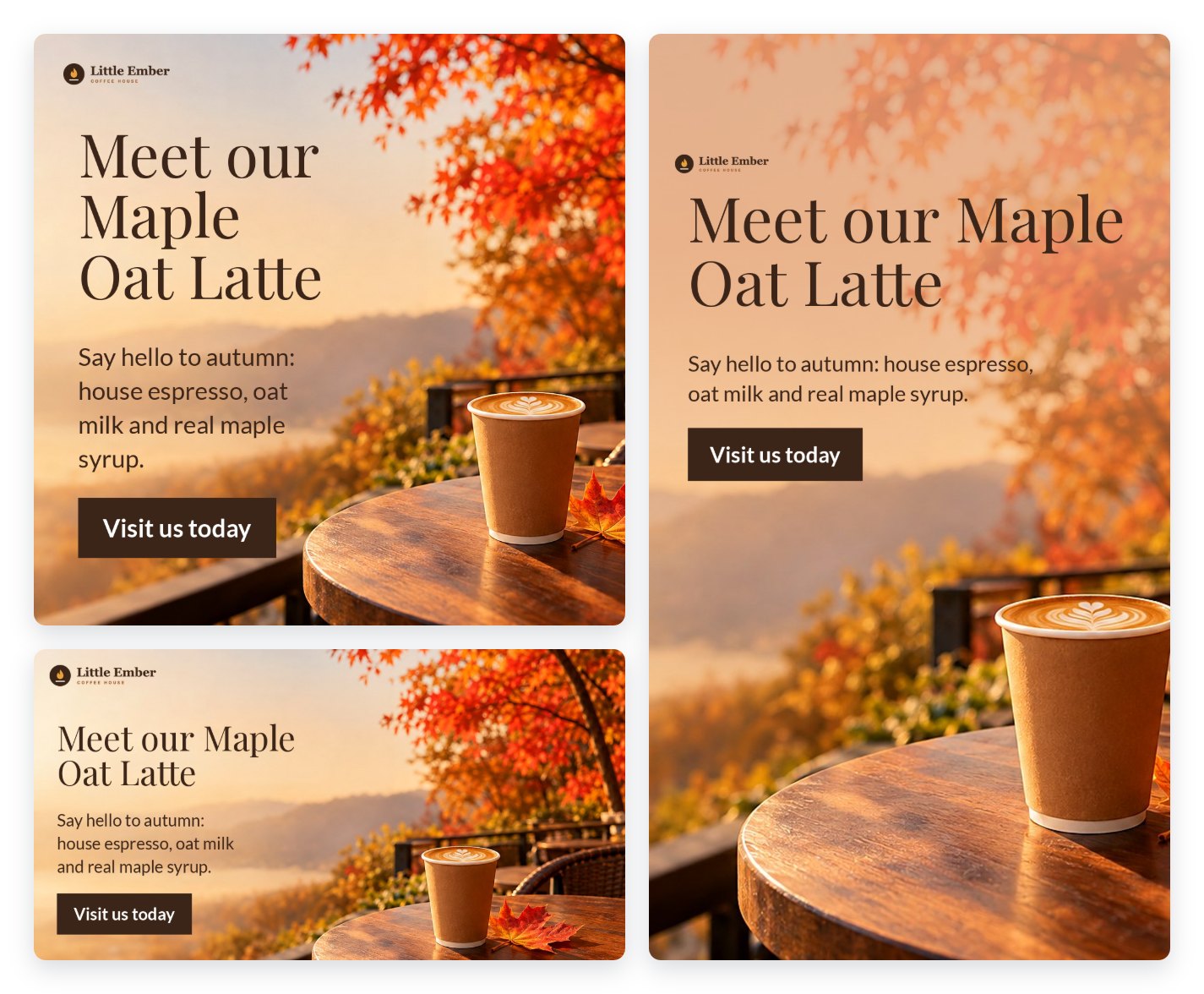 One finished Scattify visual for a coffee house in three sizes: an Instagram square, a Facebook landscape and an Instagram Story, each with the headline 'Meet our Maple Oat Latte', a photograph of a latte on a café table in autumn, the logo and a Visit us today button