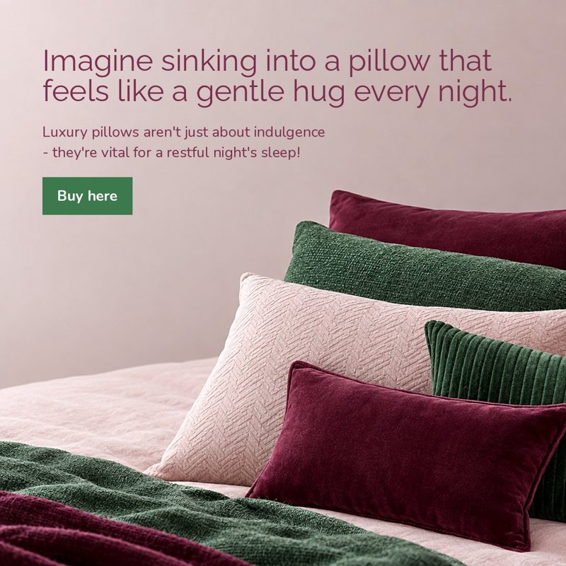 A finished Scattify visual: the headline 'Imagine sinking into a pillow that feels like a gentle hug every night' beside a photograph of soft velvet cushions, with a Buy here button
